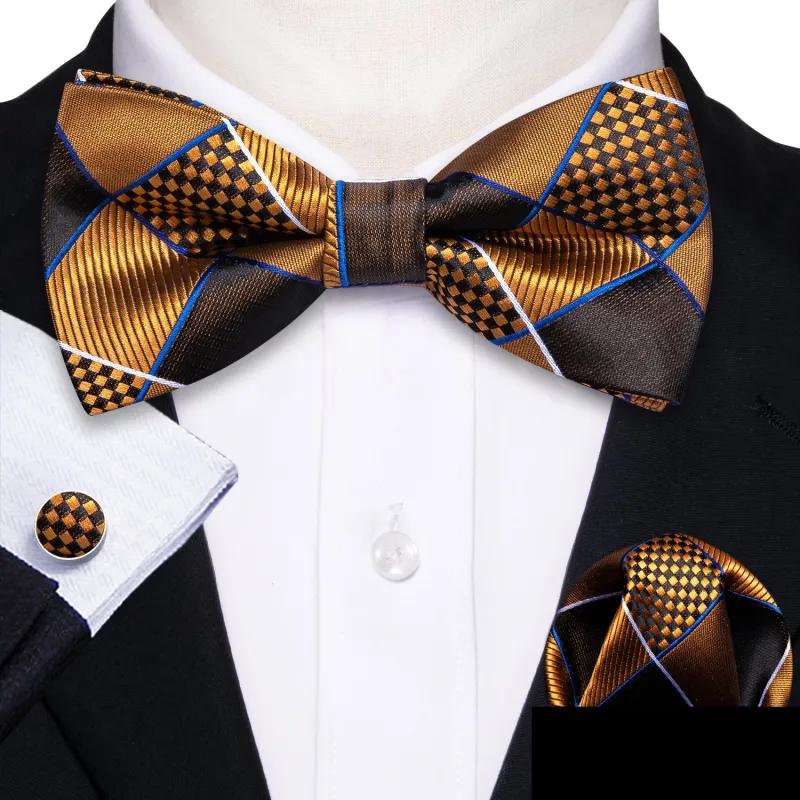 Brown Golden Plaid Men's Pre-tied Bowtie Pocket Square Cufflinks Set sold by Ties2You