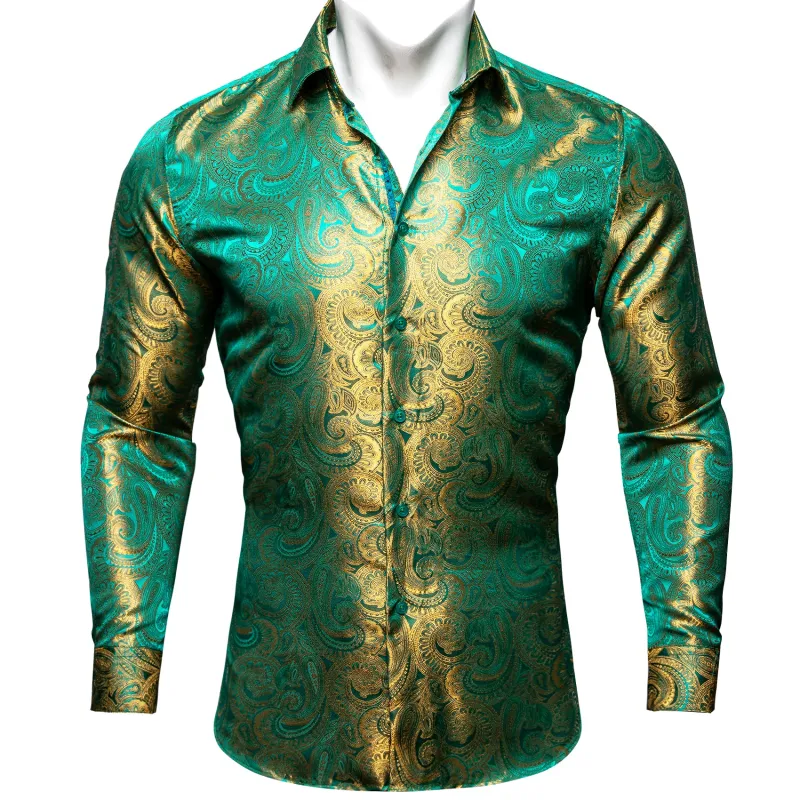 Ties2you Gold Paisley Dress Shirt Mens Teal Silk Casual Long Sleeve Button Down Shirt sold by Ties2You