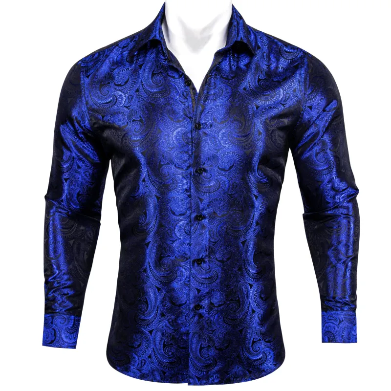 Royal Blue Paisley Pattern Silk Men's Long Sleeve Shirt sold by Ties2You