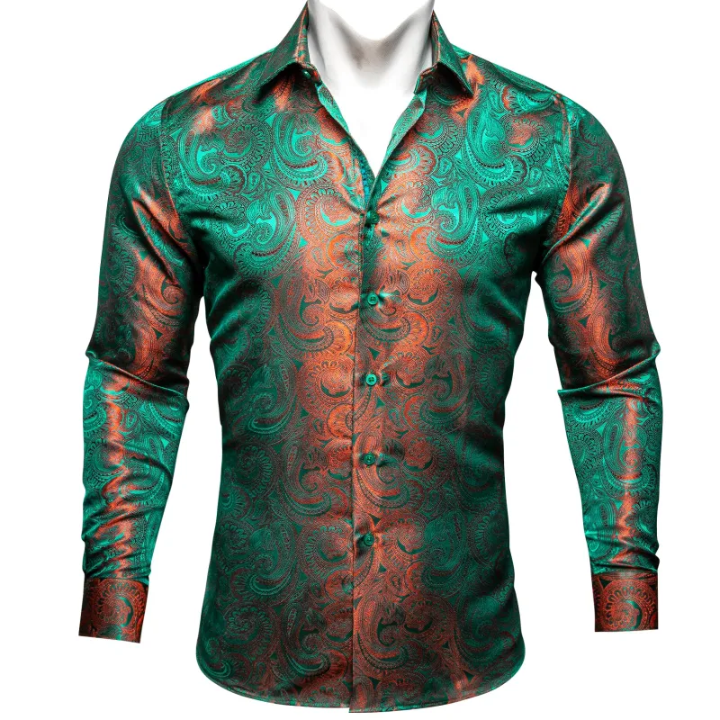 Green Orange Gradient Luxury Paisley Pattern Silk Men's Long Sleeve Shirt sold by Ties2You