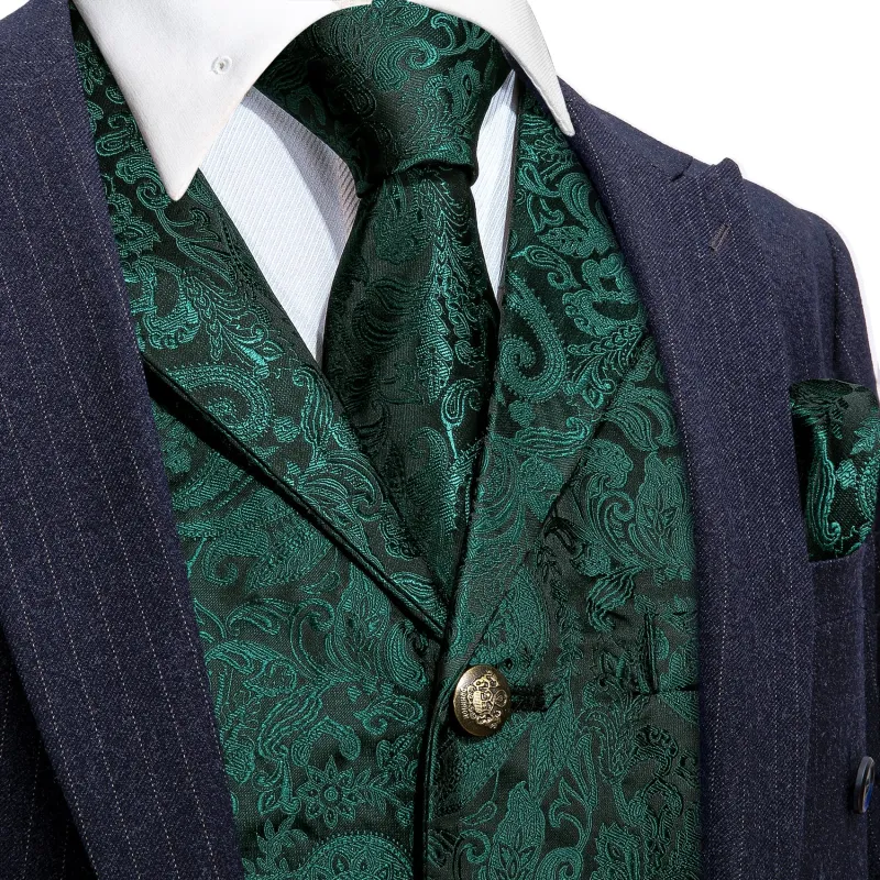 Dark Green Paisley Jacquard Silk Men's Vest Hanky Cufflinks Tie Set sold by Ties2You