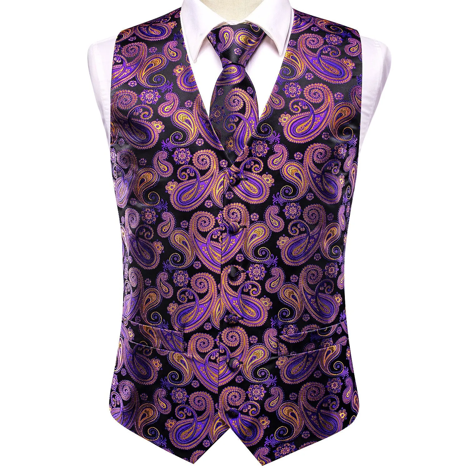 Black Purple Paisley Jacquard Silk Men's Vest Hanky Cufflinks Tie Set sold by Ties2You product image thumbnail 4