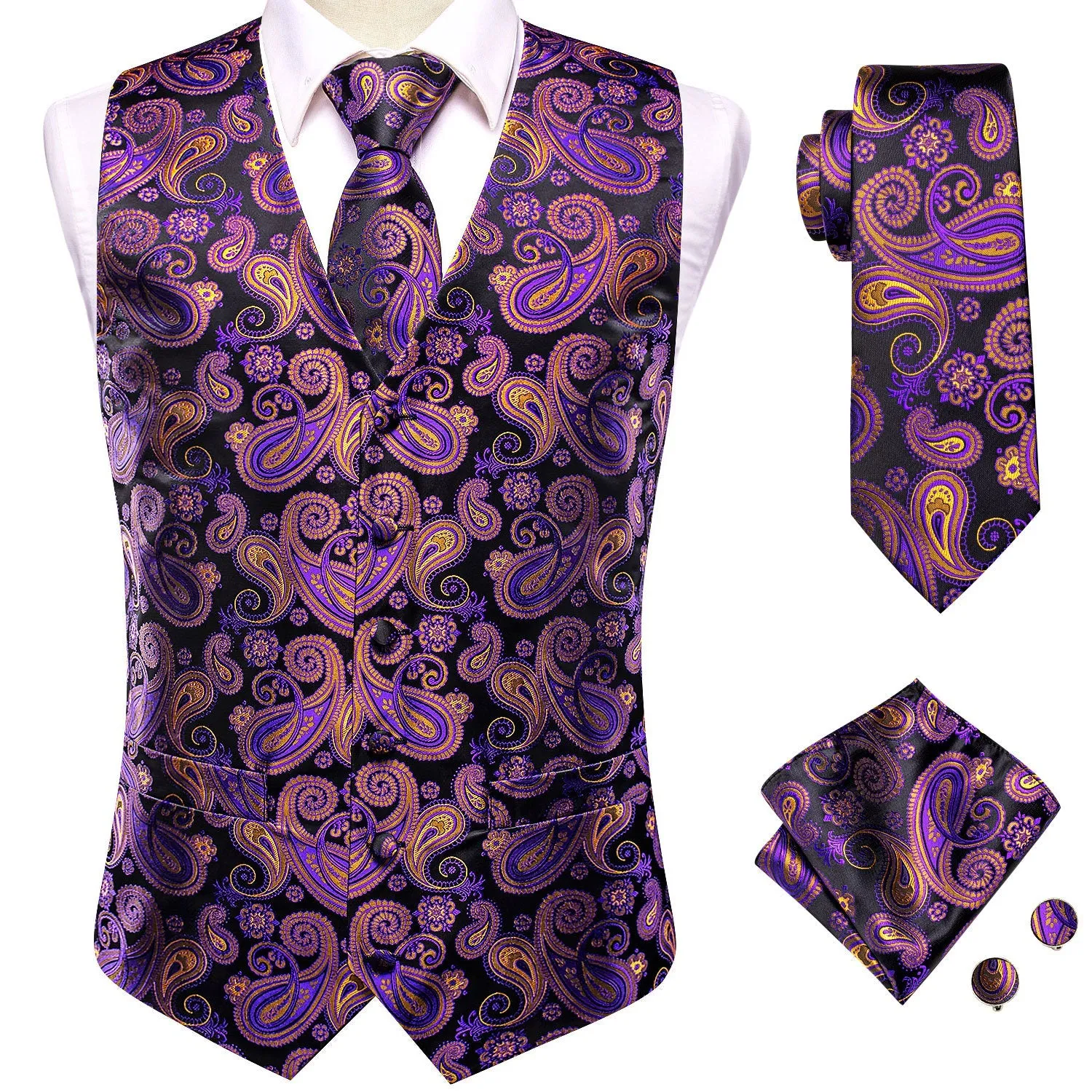 Black Purple Paisley Jacquard Silk Men's Vest Hanky Cufflinks Tie Set sold by Ties2You product image thumbnail 2