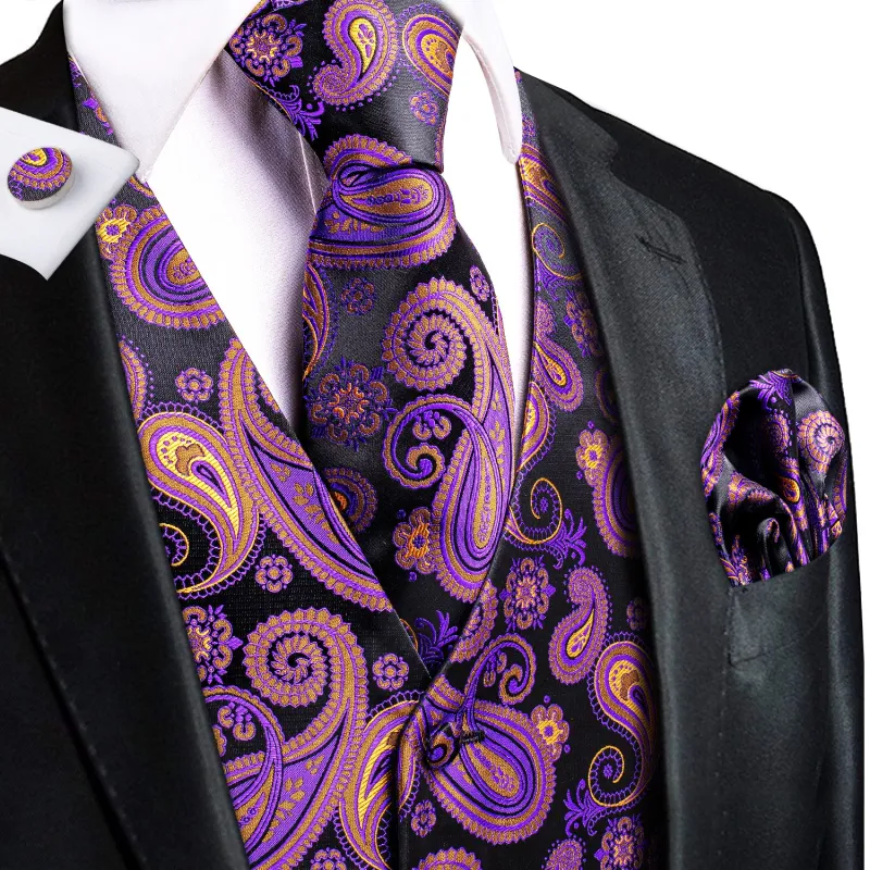 Black Purple Paisley Jacquard Silk Men's Vest Hanky Cufflinks Tie Set sold by Ties2You