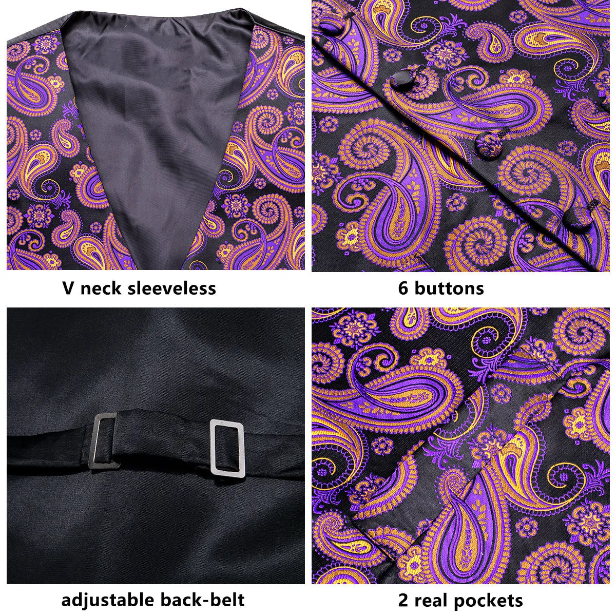 Black Purple Paisley Jacquard Silk Men's Vest Hanky Cufflinks Tie Set sold by Ties2You product image thumbnail 5