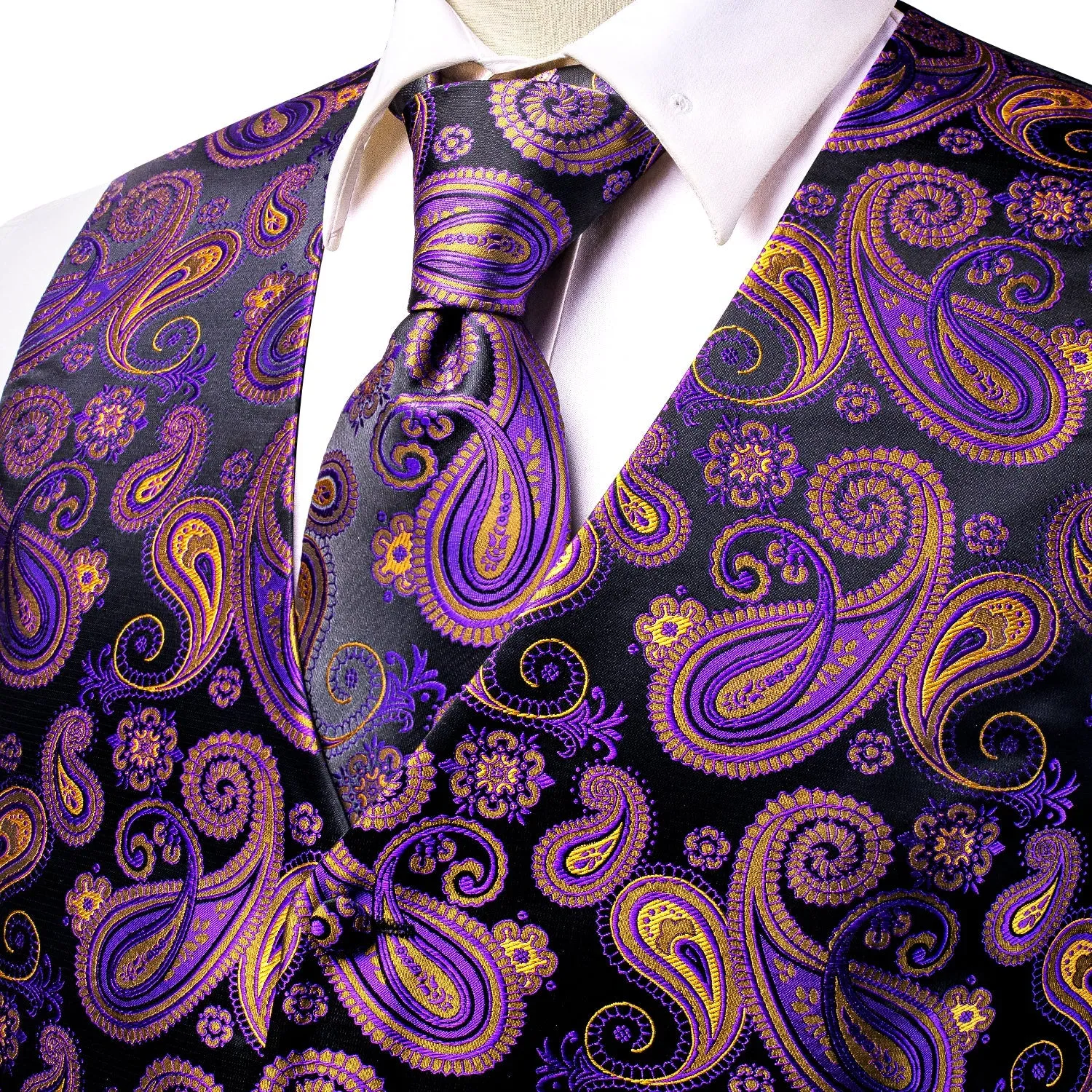 Black Purple Paisley Jacquard Silk Men's Vest Hanky Cufflinks Tie Set sold by Ties2You product image thumbnail 3