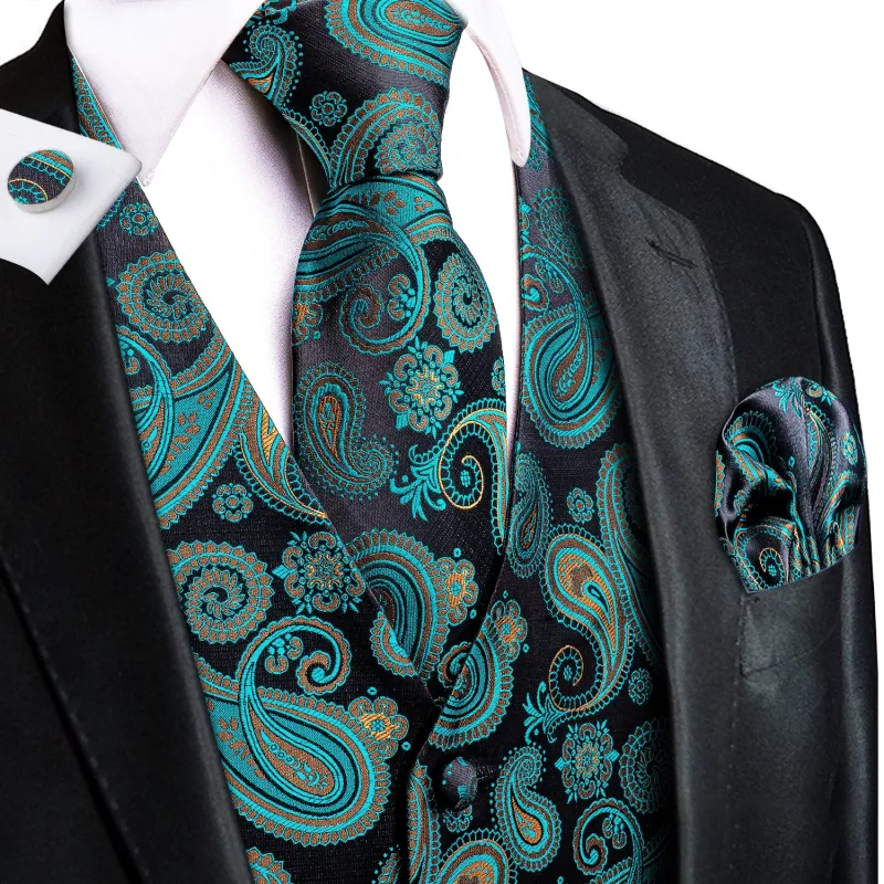 Black Green Paisley Jacquard Silk Men's Vest Hanky Cufflinks Tie Set sold by Ties2You