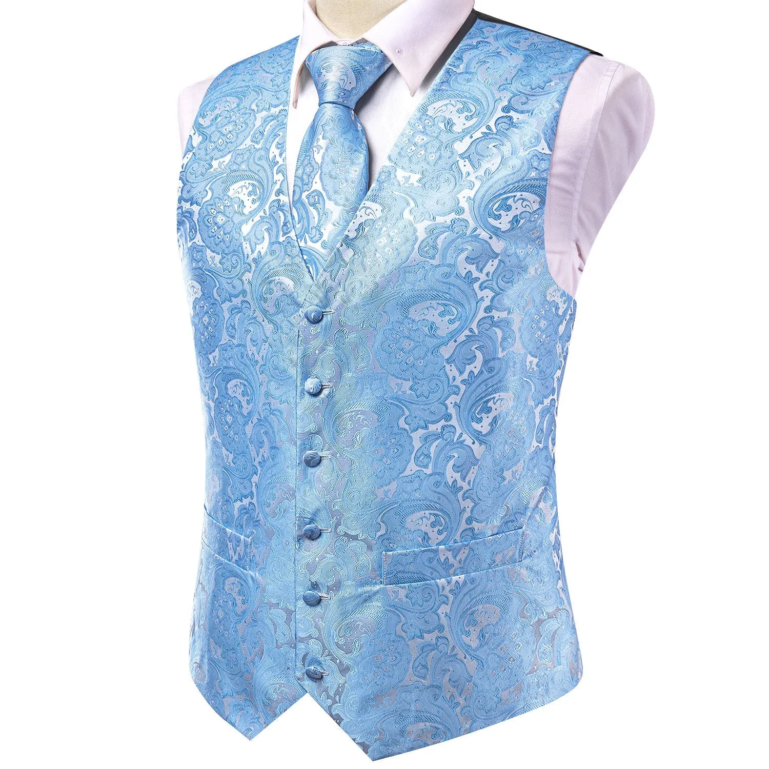 Sky Blue Paisley Jacquard Silk Men's Vest Hanky Cufflinks Tie Set sold by Ties2You product image thumbnail 4