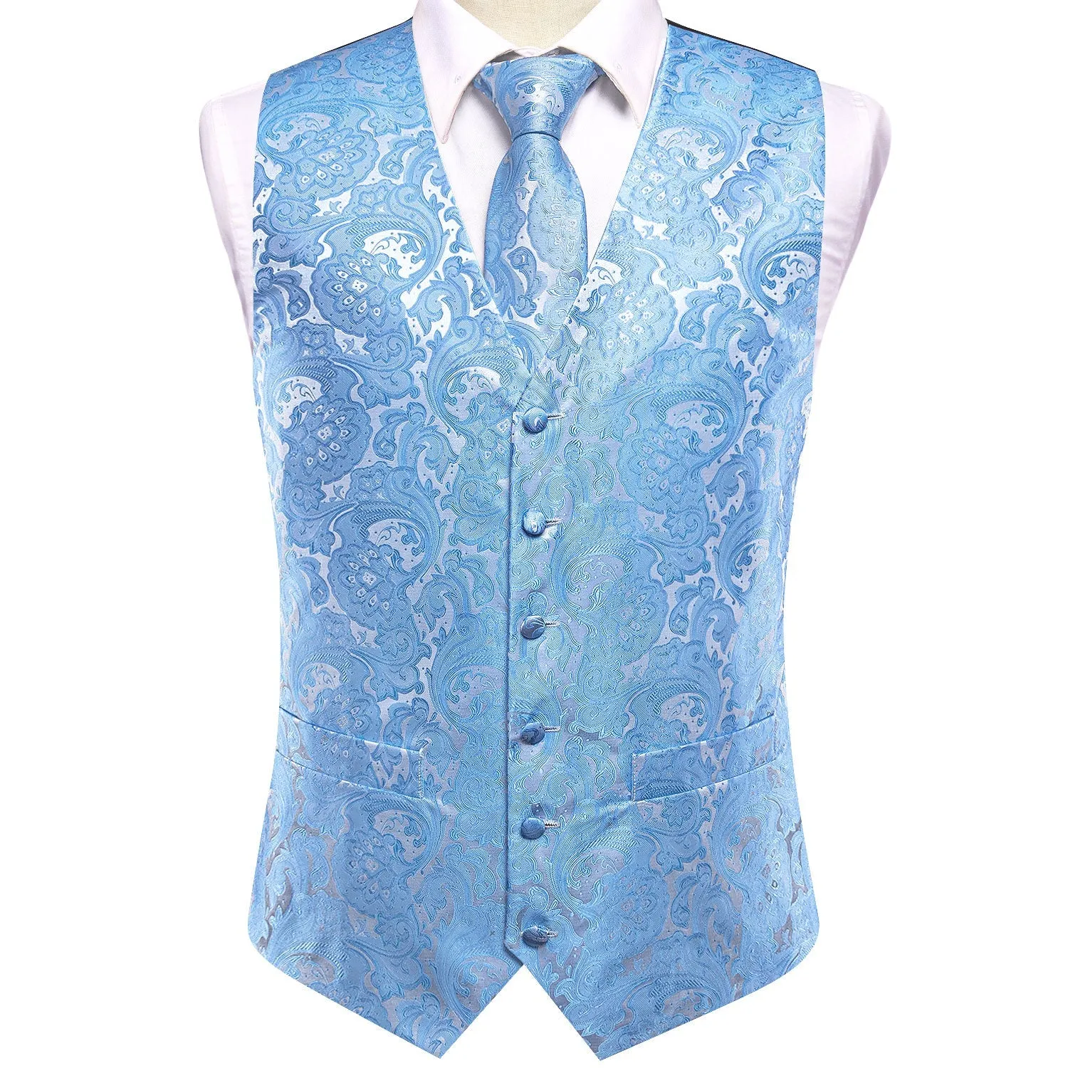 Sky Blue Paisley Jacquard Silk Men's Vest Hanky Cufflinks Tie Set sold by Ties2You product image thumbnail 3