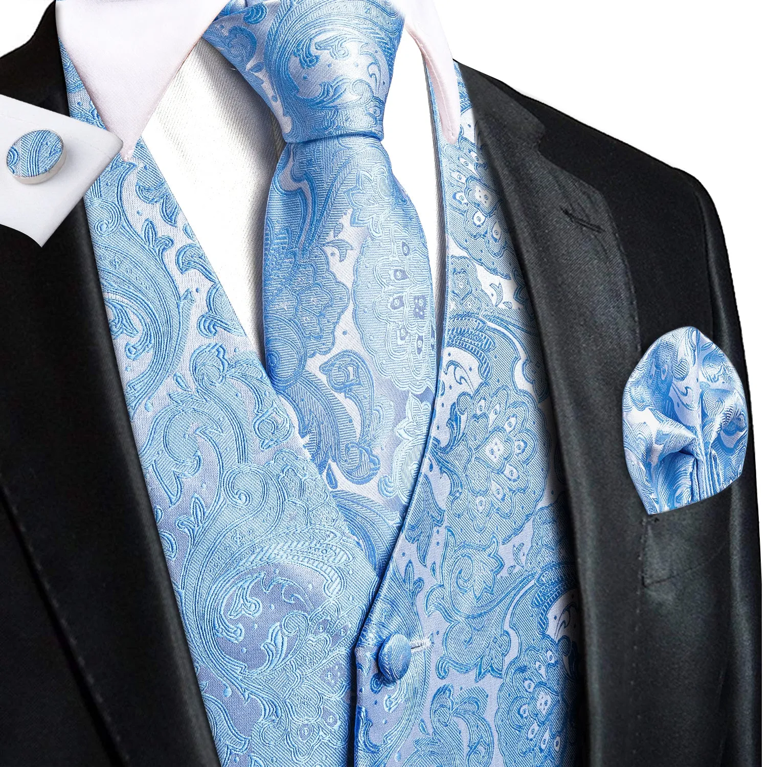 Sky Blue Paisley Jacquard Silk Men's Vest Hanky Cufflinks Tie Set sold by Ties2You product image thumbnail 2