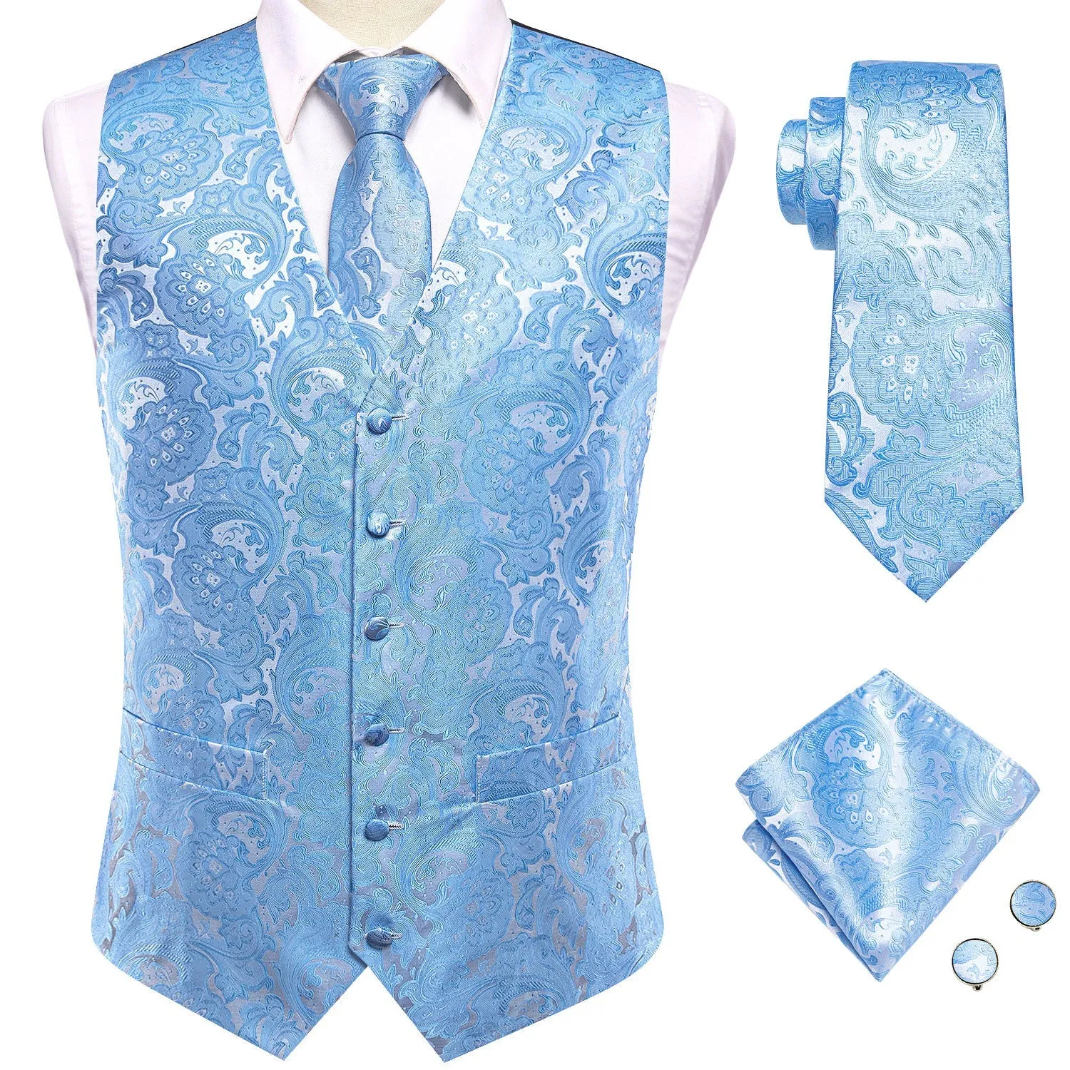 Sky Blue Paisley Jacquard Silk Men's Vest Hanky Cufflinks Tie Set sold by Ties2You product image thumbnail 5
