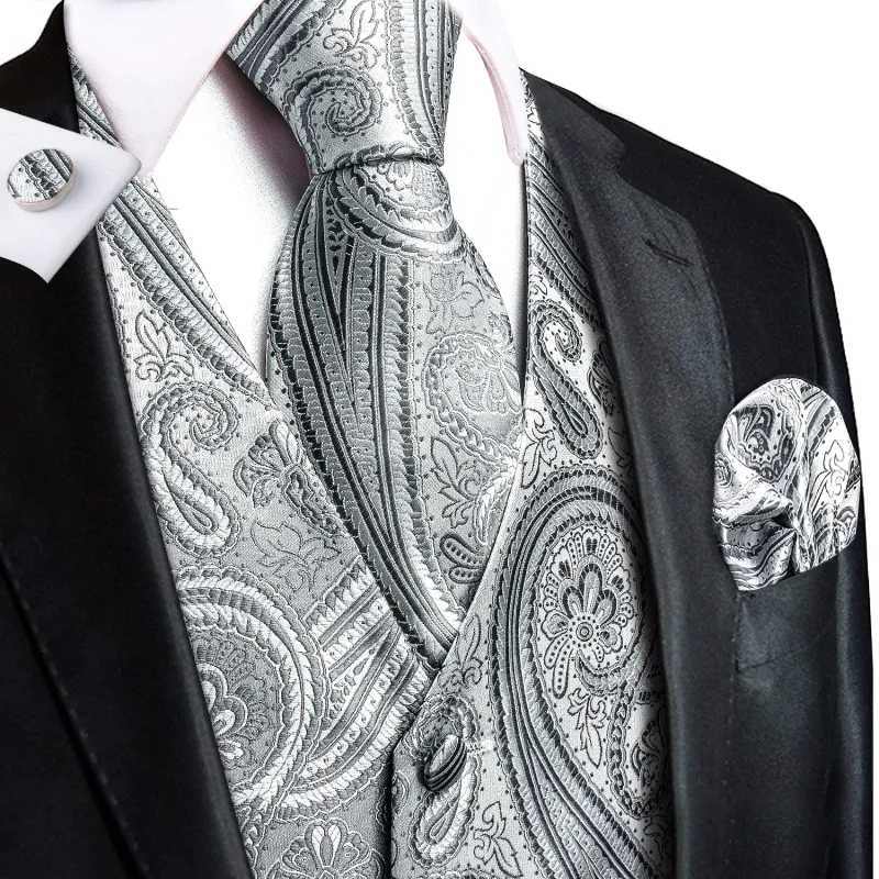 Silver Grey Paisley Jacquard Silk Men's Vest Hanky Cufflinks Tie Set sold by Ties2You