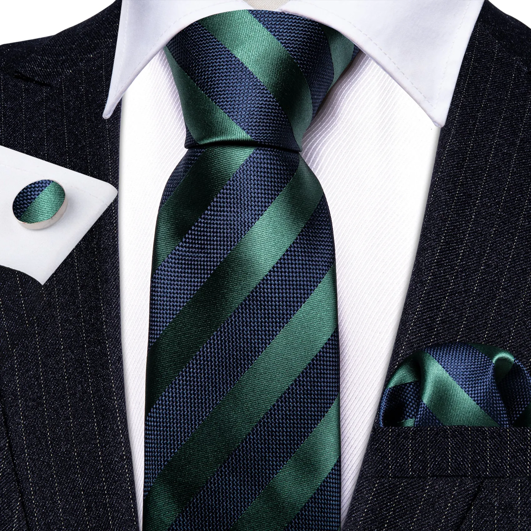 Blue Dark Green Striped Men's Tie Set Tie Pocket Square Cufflinks Set sold by Ties2You product image thumbnail 3