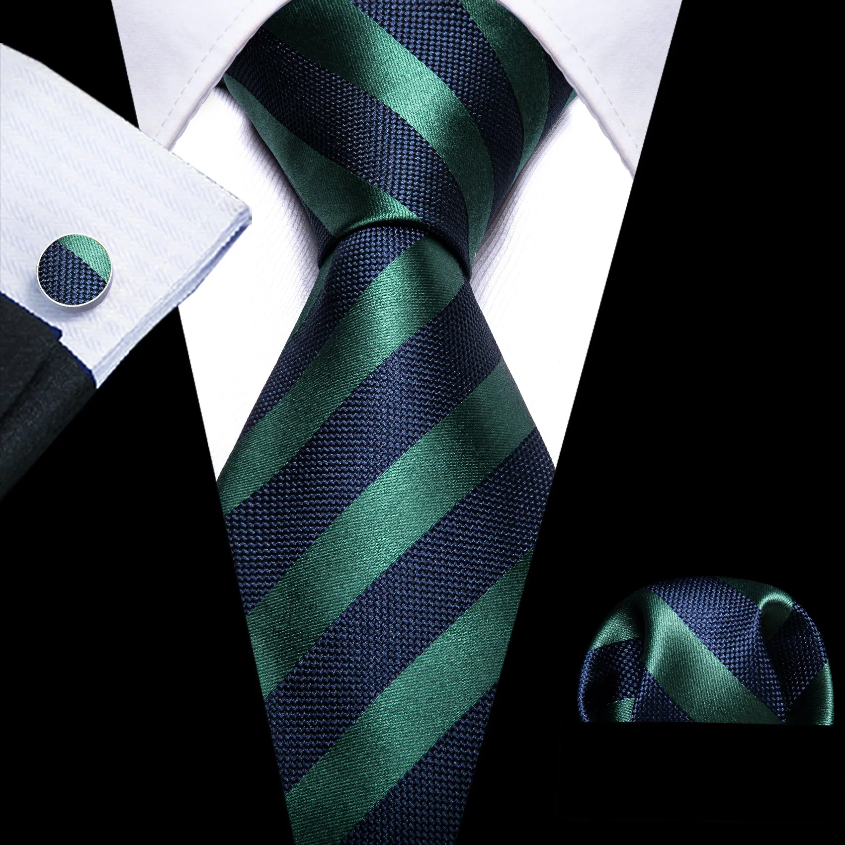 Blue Dark Green Striped Men's Tie Set Tie Pocket Square Cufflinks Set sold by Ties2You