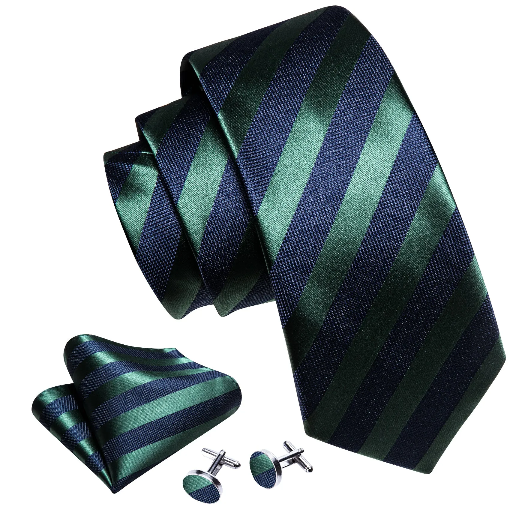 Blue Dark Green Striped Men's Tie Set Tie Pocket Square Cufflinks Set sold by Ties2You product image thumbnail 2