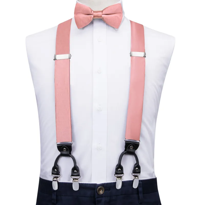 Pink Solid Y Back Brace Clip-on Men's Suspender with Bow Tie Set sold by Ties2You