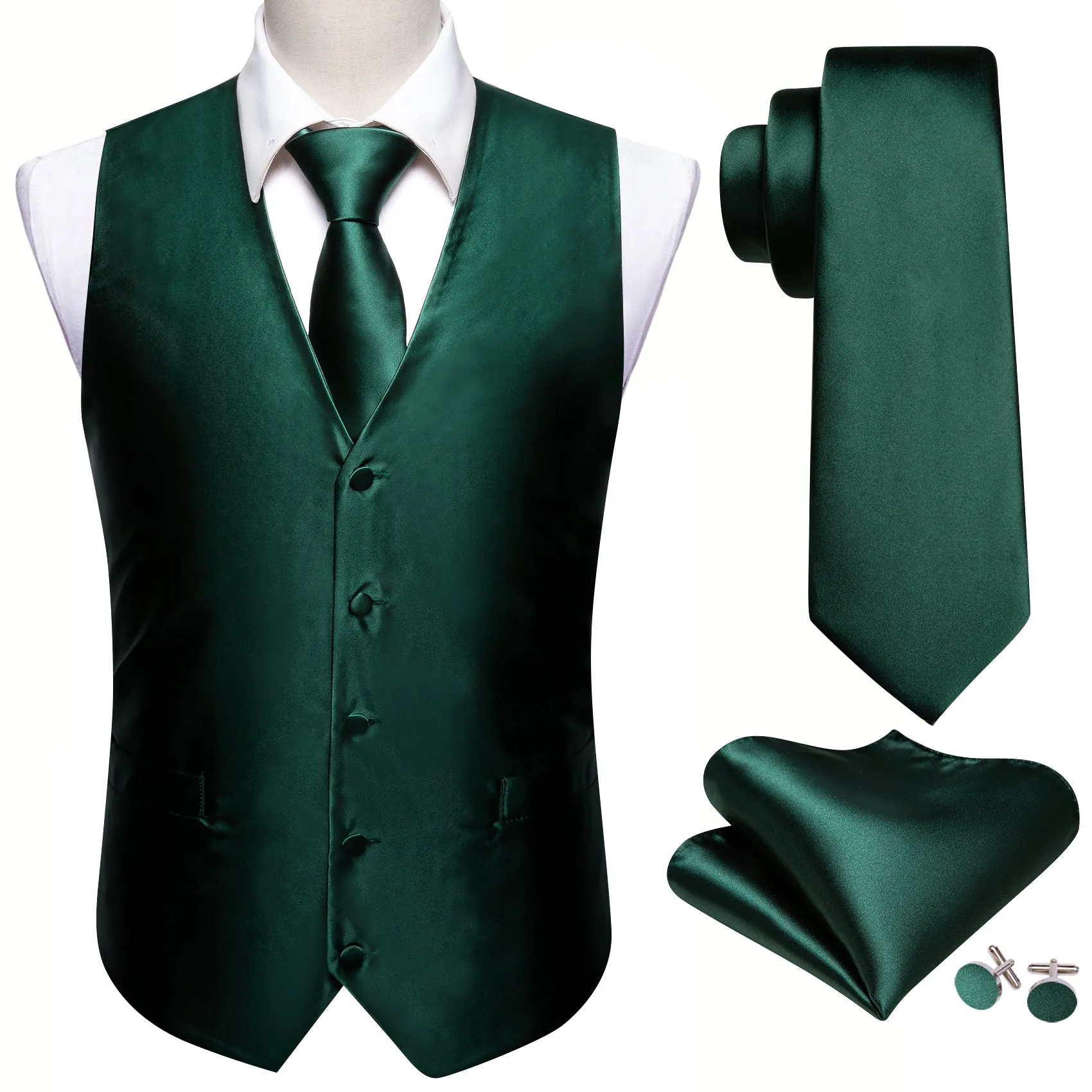 Ties2you Hunter Green V-neck Waistcoat Formal Solid Wedding Vest Tie Hanky Cufflinks Set sold by Ties2You product image thumbnail 3