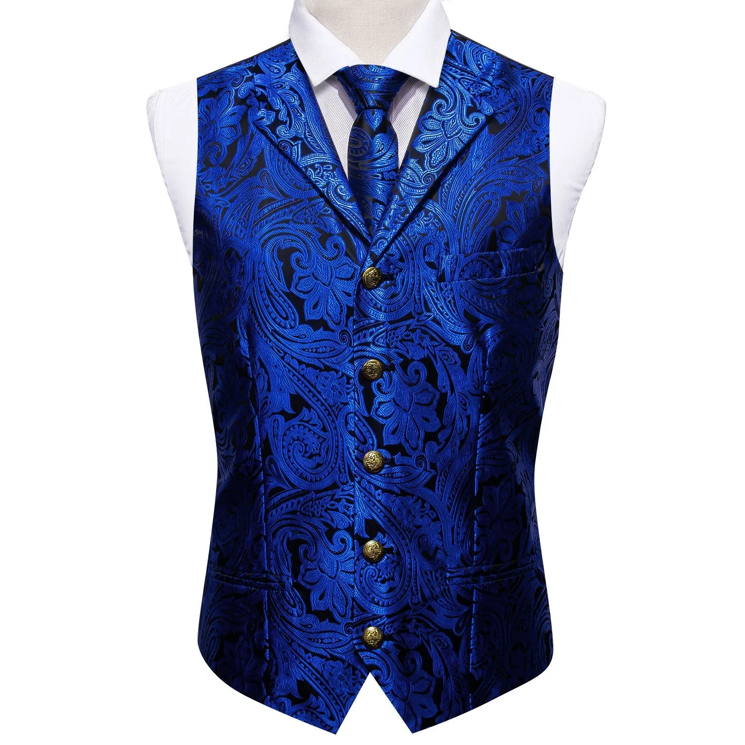Royal Blue Paisley Metal Button Jacquard Silk Men's Vest Hanky Cufflinks Tie Set sold by Ties2You product image thumbnail 4
