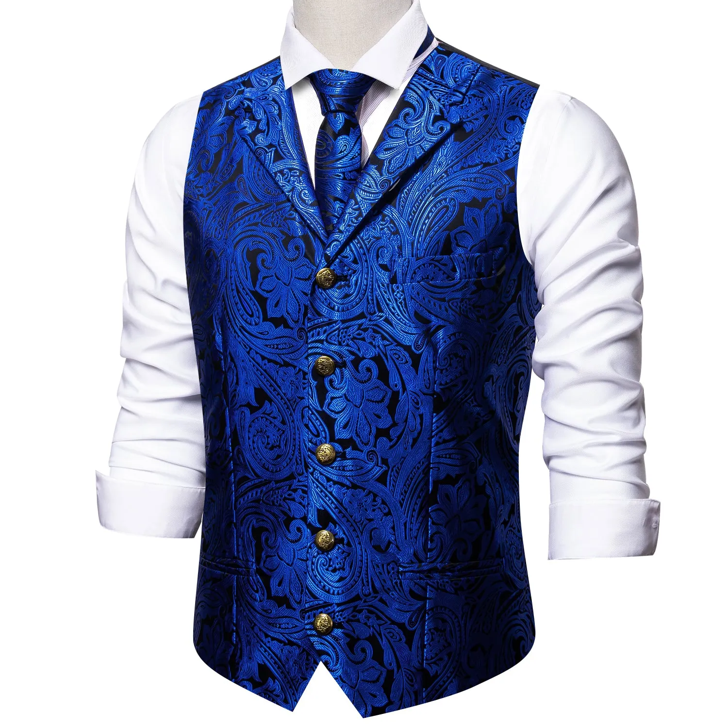 Royal Blue Paisley Metal Button Jacquard Silk Men's Vest Hanky Cufflinks Tie Set sold by Ties2You