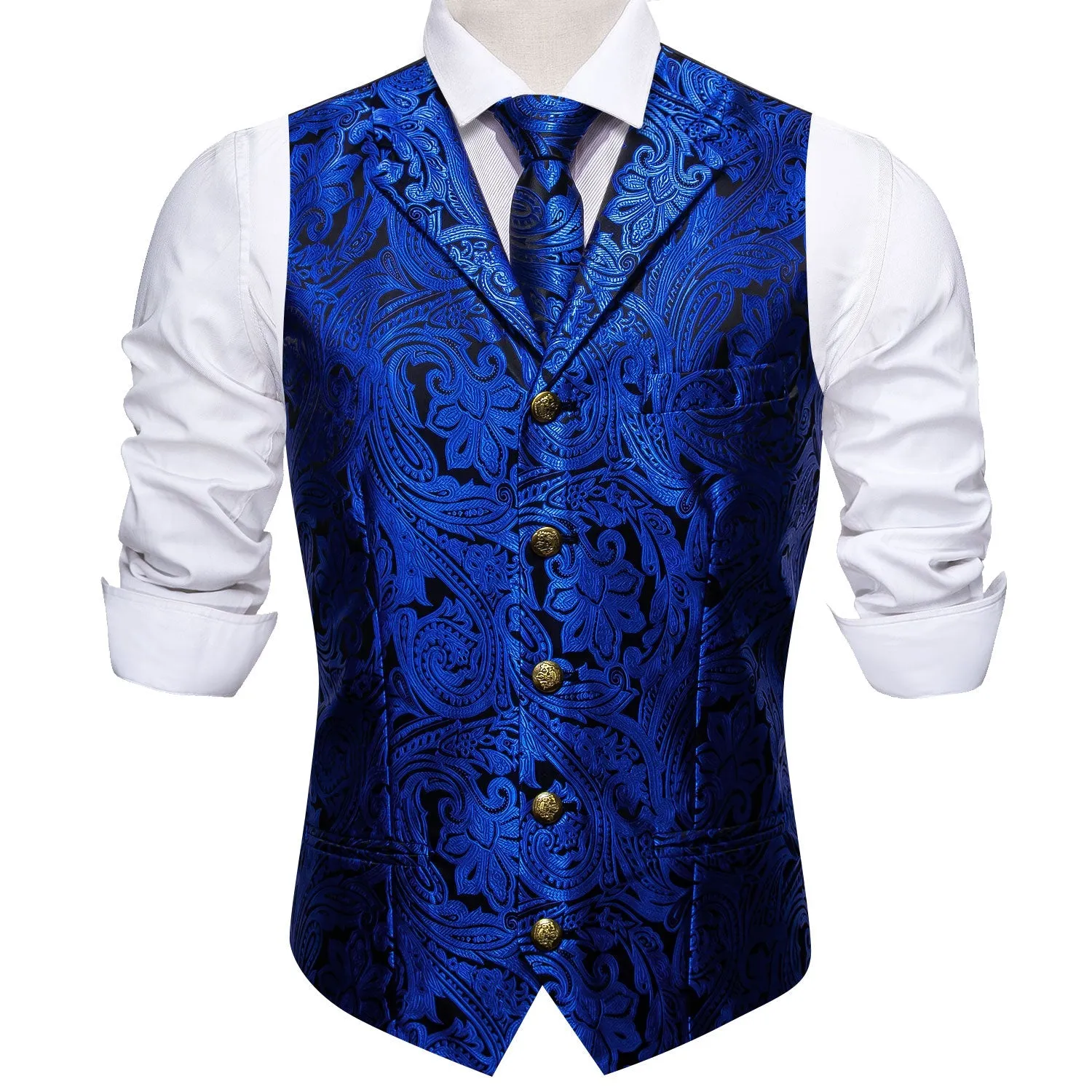 Royal Blue Paisley Metal Button Jacquard Silk Men's Vest Hanky Cufflinks Tie Set sold by Ties2You product image thumbnail 5