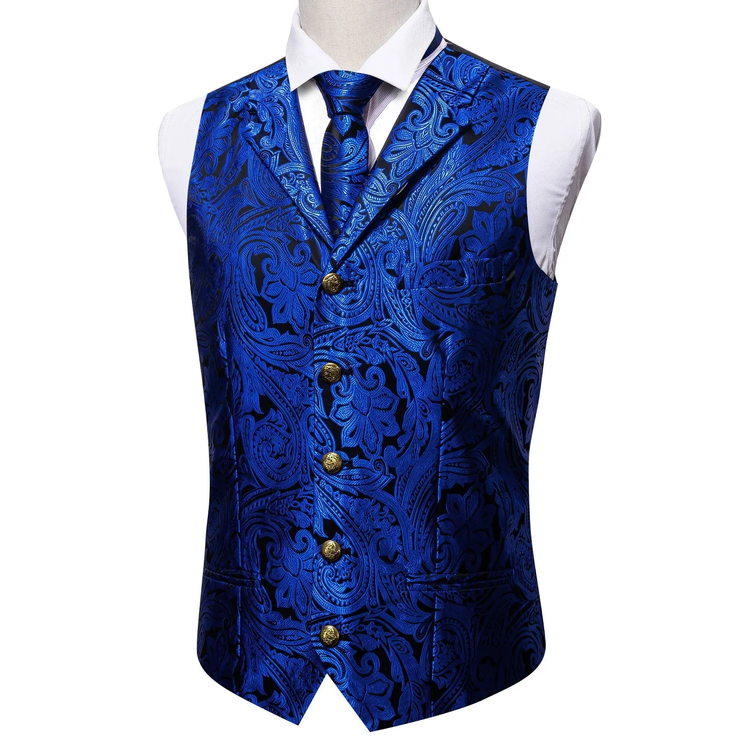 Royal Blue Paisley Metal Button Jacquard Silk Men's Vest Hanky Cufflinks Tie Set sold by Ties2You product image thumbnail 3