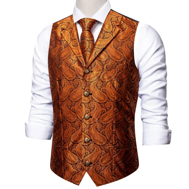 Orange Paisley Metal Button Jacquard Silk Men's Vest Hanky Cufflinks Tie Set sold by Ties2You