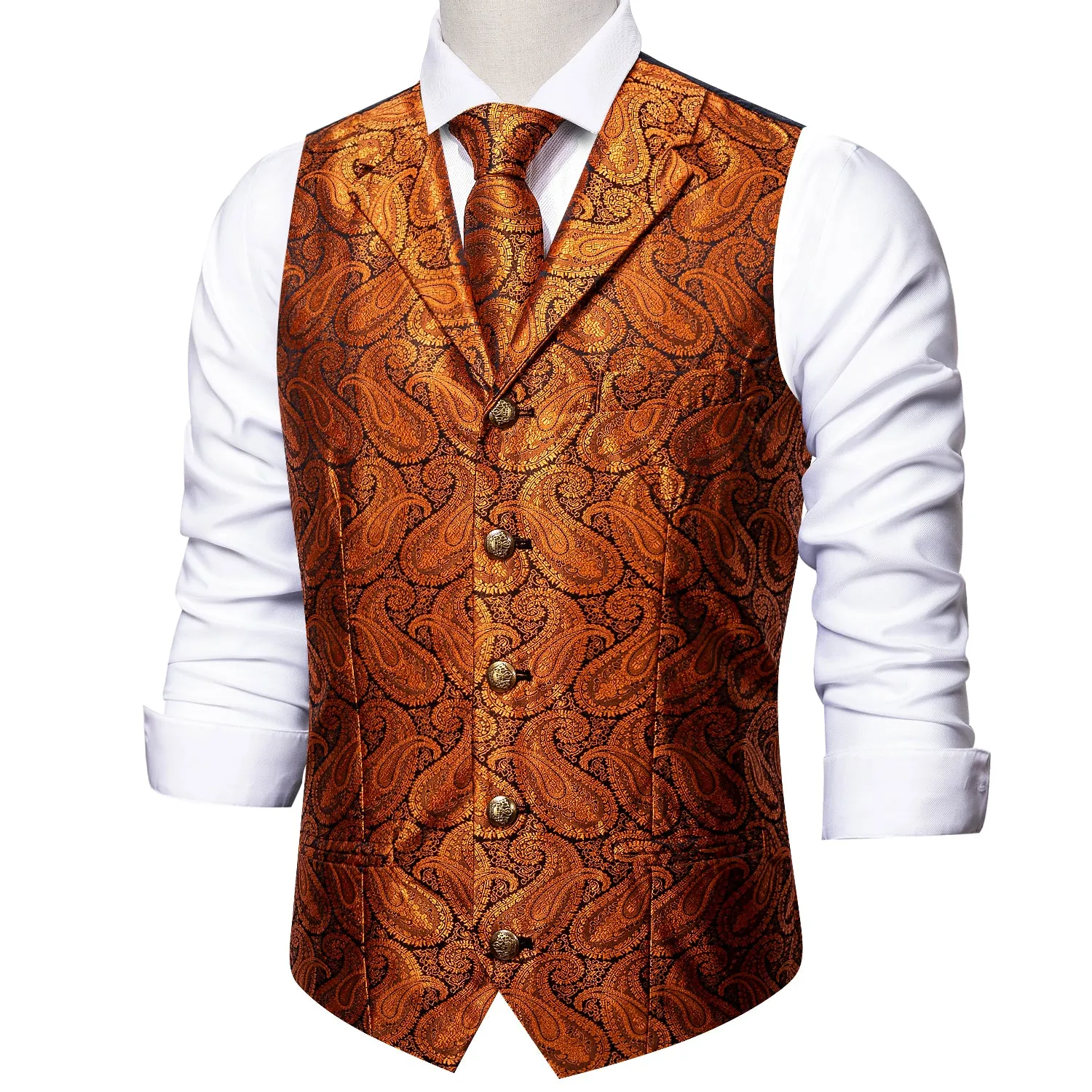 Orange Paisley Metal Button Jacquard Silk Men's Vest Hanky Cufflinks Tie Set sold by Ties2You