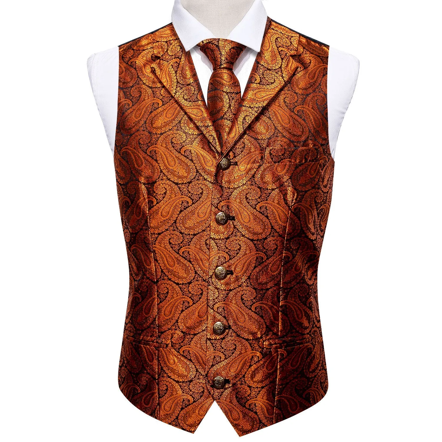 Orange Paisley Metal Button Jacquard Silk Men's Vest Hanky Cufflinks Tie Set sold by Ties2You product image thumbnail 3