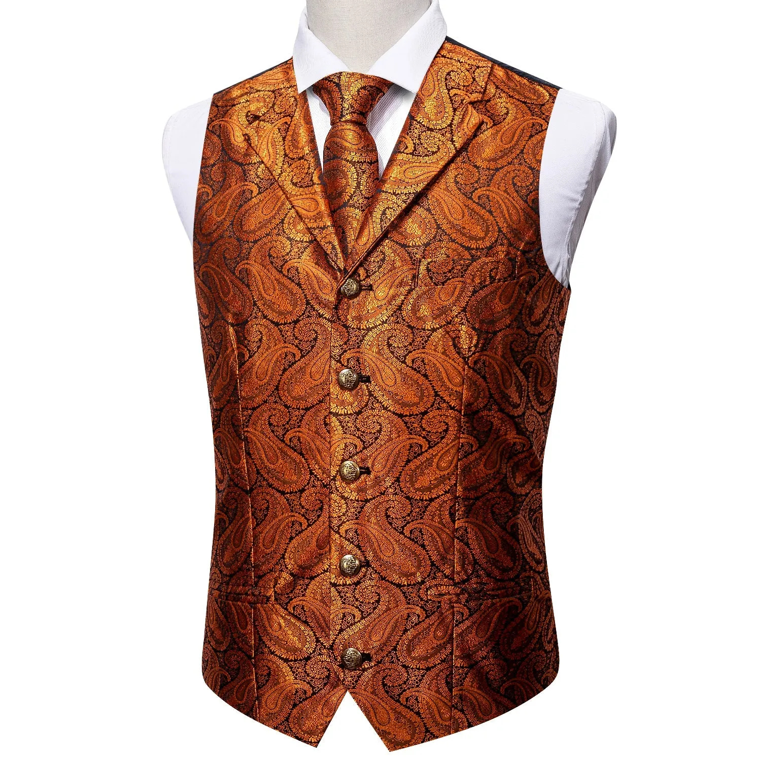 Orange Paisley Metal Button Jacquard Silk Men's Vest Hanky Cufflinks Tie Set sold by Ties2You product image thumbnail 2