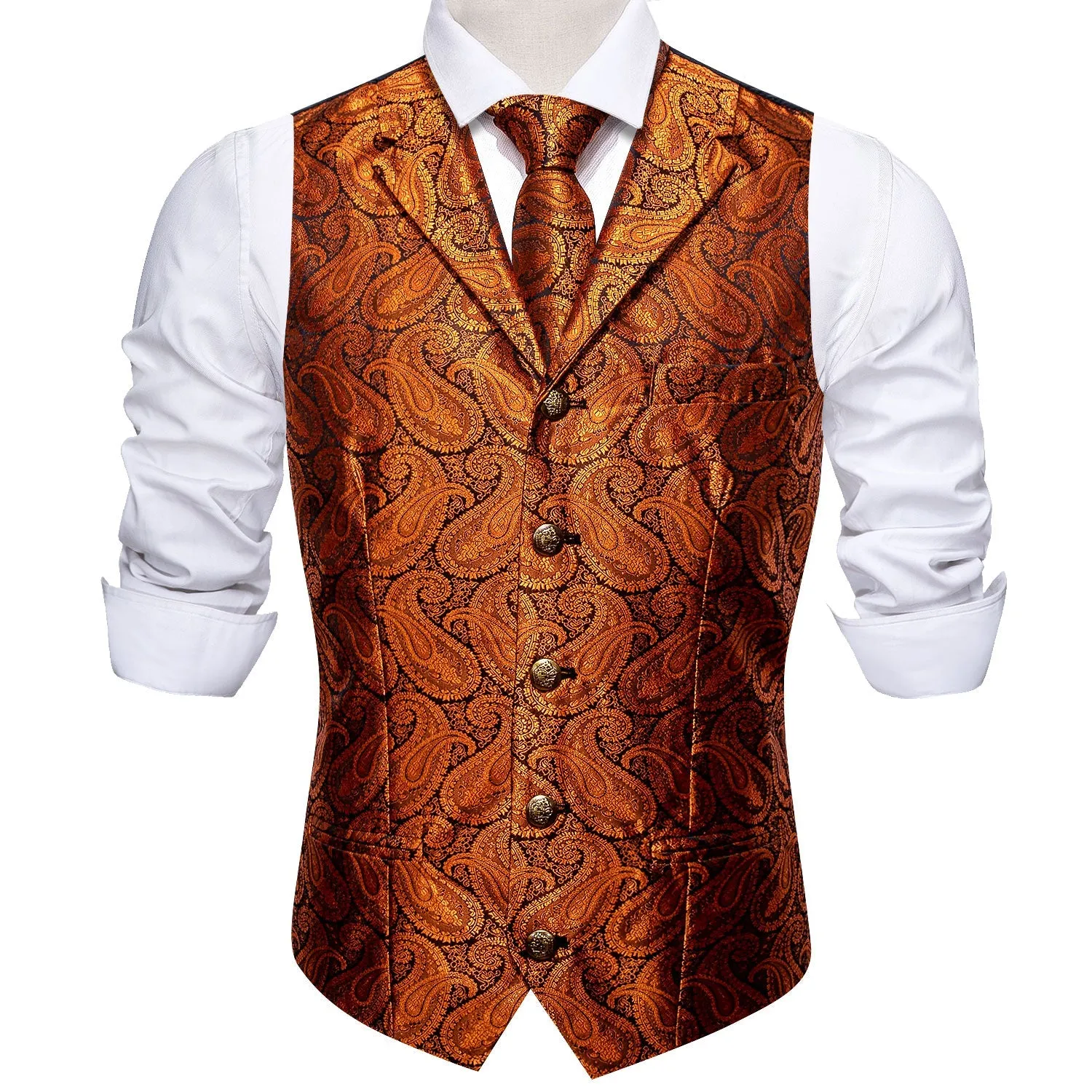 Orange Paisley Metal Button Jacquard Silk Men's Vest Hanky Cufflinks Tie Set sold by Ties2You product image thumbnail 4