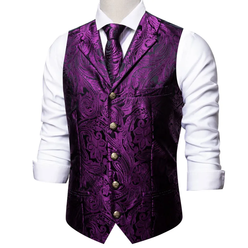 Black Purple Paisley Metal Button Jacquard Silk Men's Vest Hanky Cufflinks Tie Set sold by Ties2You