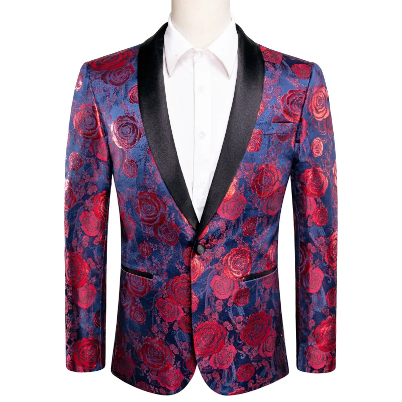 Ties2you Shawl Collar Men's Suit Luxury Blue Red Rose Floral Suit For Party sold by Ties2You