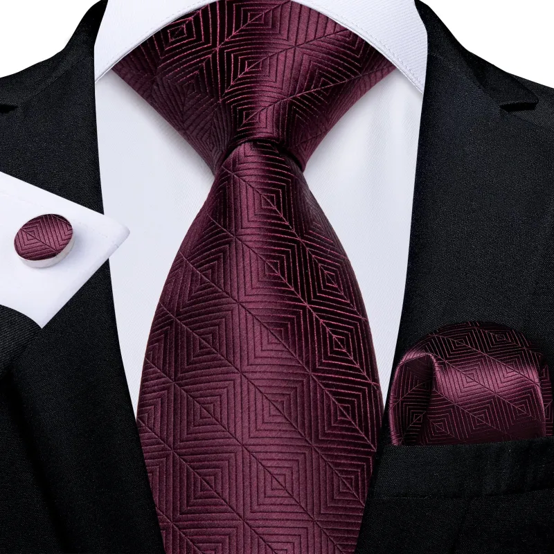 Wine Purple Geometry Pattern Novelty Silk Men's Necktie Hanky Cufflinks Set sold by Ties2You