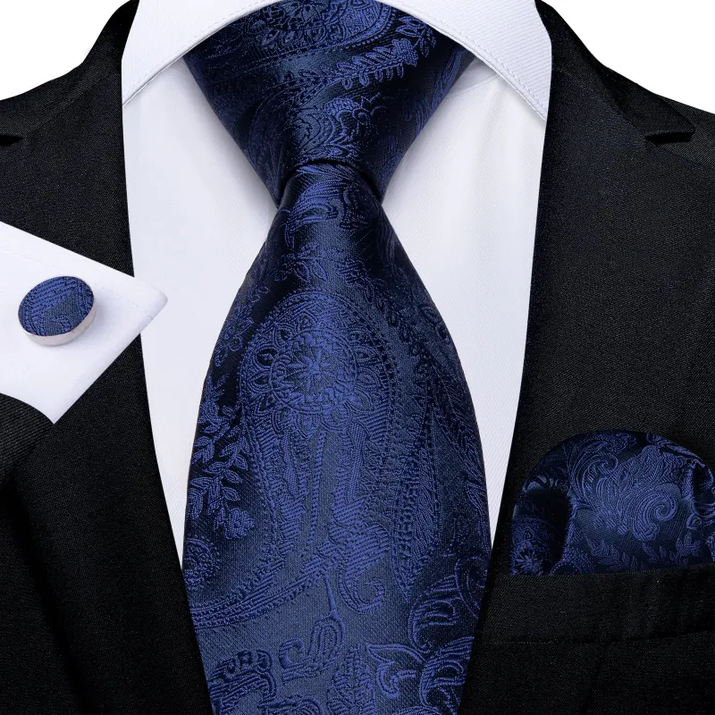 Dark Blue Paisley Silk Men's Necktie Hanky Cufflinks Set sold by Ties2You