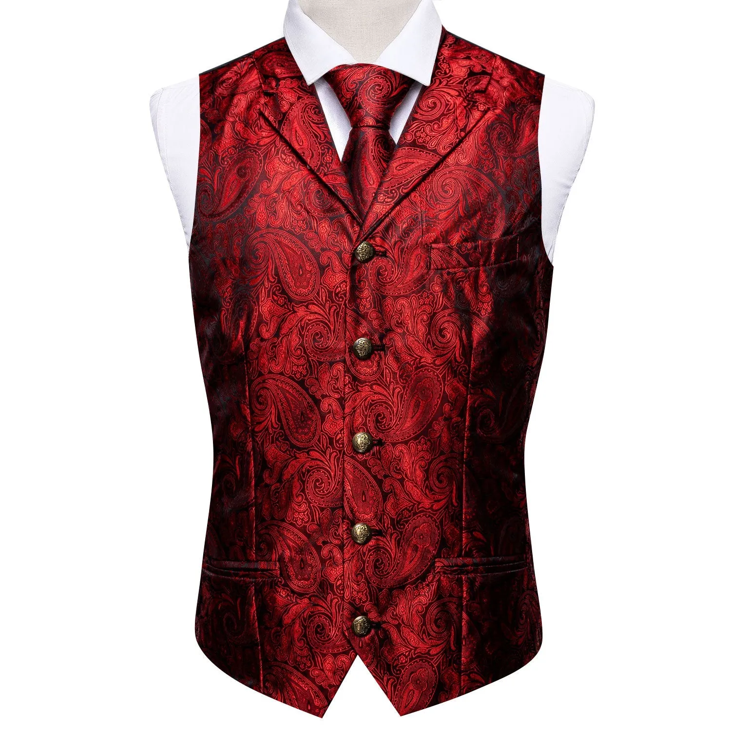 Classic Red Paisley Metal Button Jacquard Silk Men's Vest Hanky Cufflinks Tie Set sold by Ties2You product image thumbnail 4