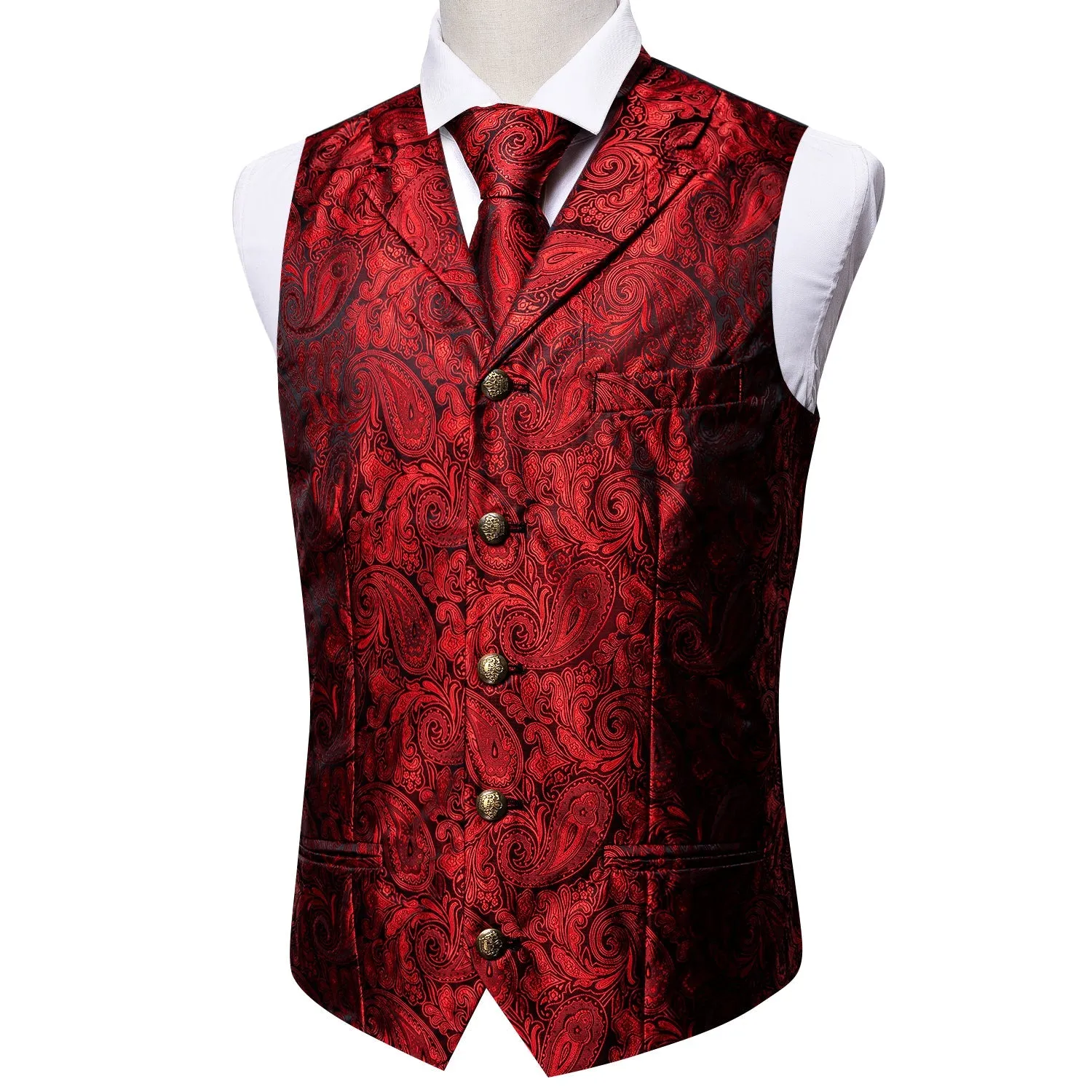 Classic Red Paisley Metal Button Jacquard Silk Men's Vest Hanky Cufflinks Tie Set sold by Ties2You product image thumbnail 3