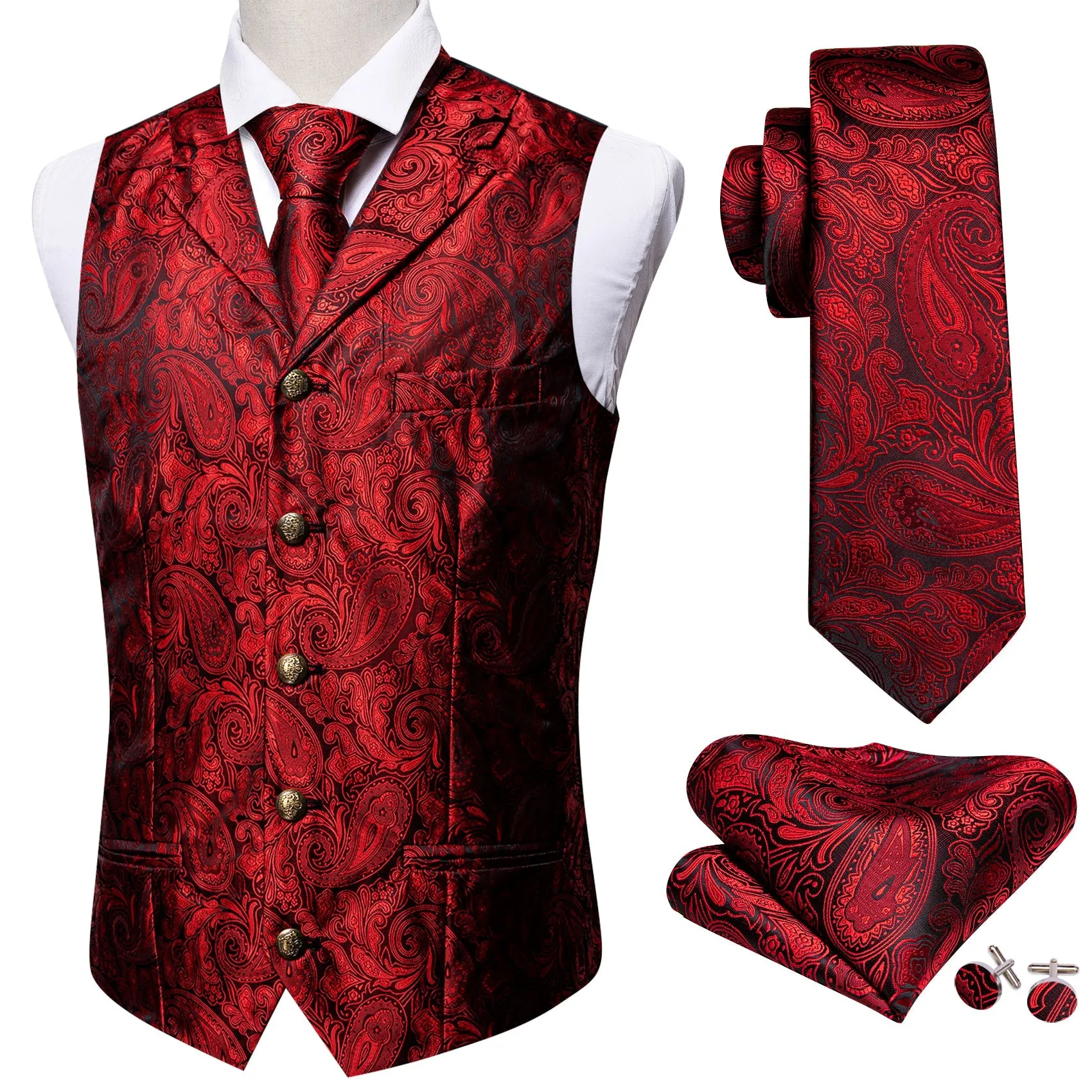 Classic Red Paisley Metal Button Jacquard Silk Men's Vest Hanky Cufflinks Tie Set sold by Ties2You product image thumbnail 2