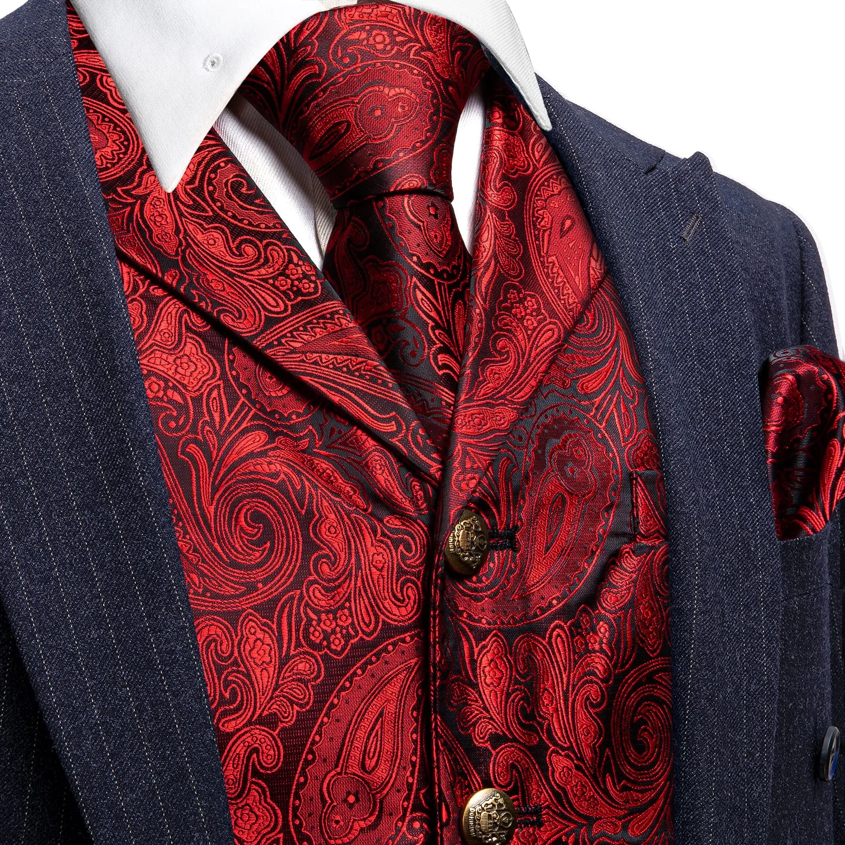 Classic Red Paisley Metal Button Jacquard Silk Men's Vest Hanky Cufflinks Tie Set sold by Ties2You