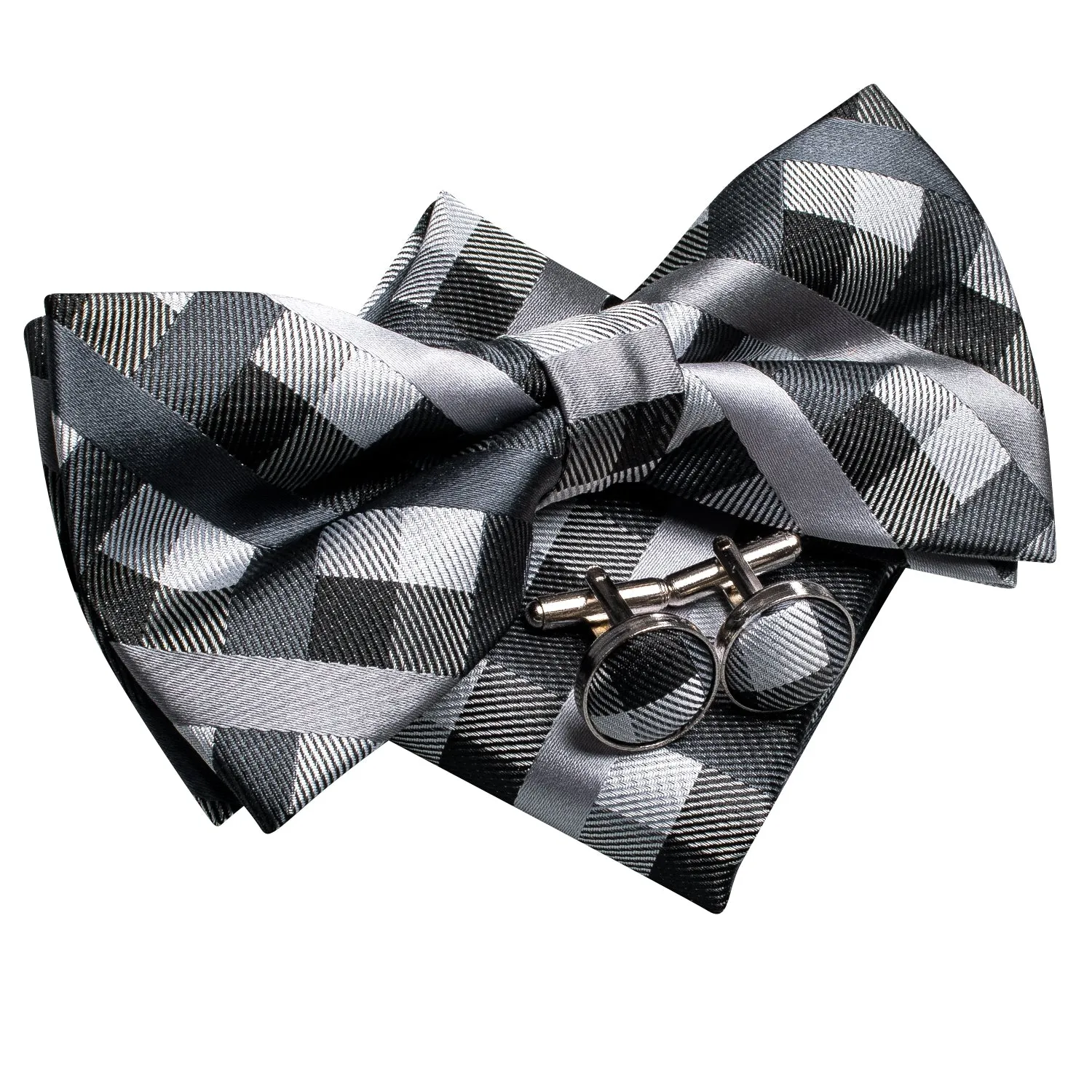 Black Grey Plaid Pre-tied Bow Tie Pocket Square Cufflinks Set sold by Ties2You product image thumbnail 4