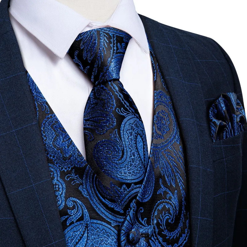 Black Blue Paisley Jacquard Silk Men's Vest Hanky Cufflinks Tie Set sold by Ties2You