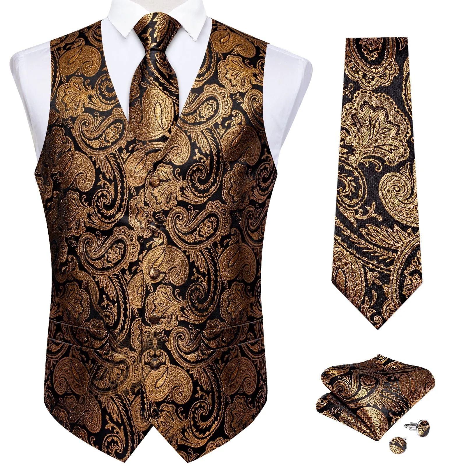 Black Golden Paisley Jacquard Silk Men's Vest Hanky Cufflinks Tie Set sold by Ties2You product image thumbnail 3