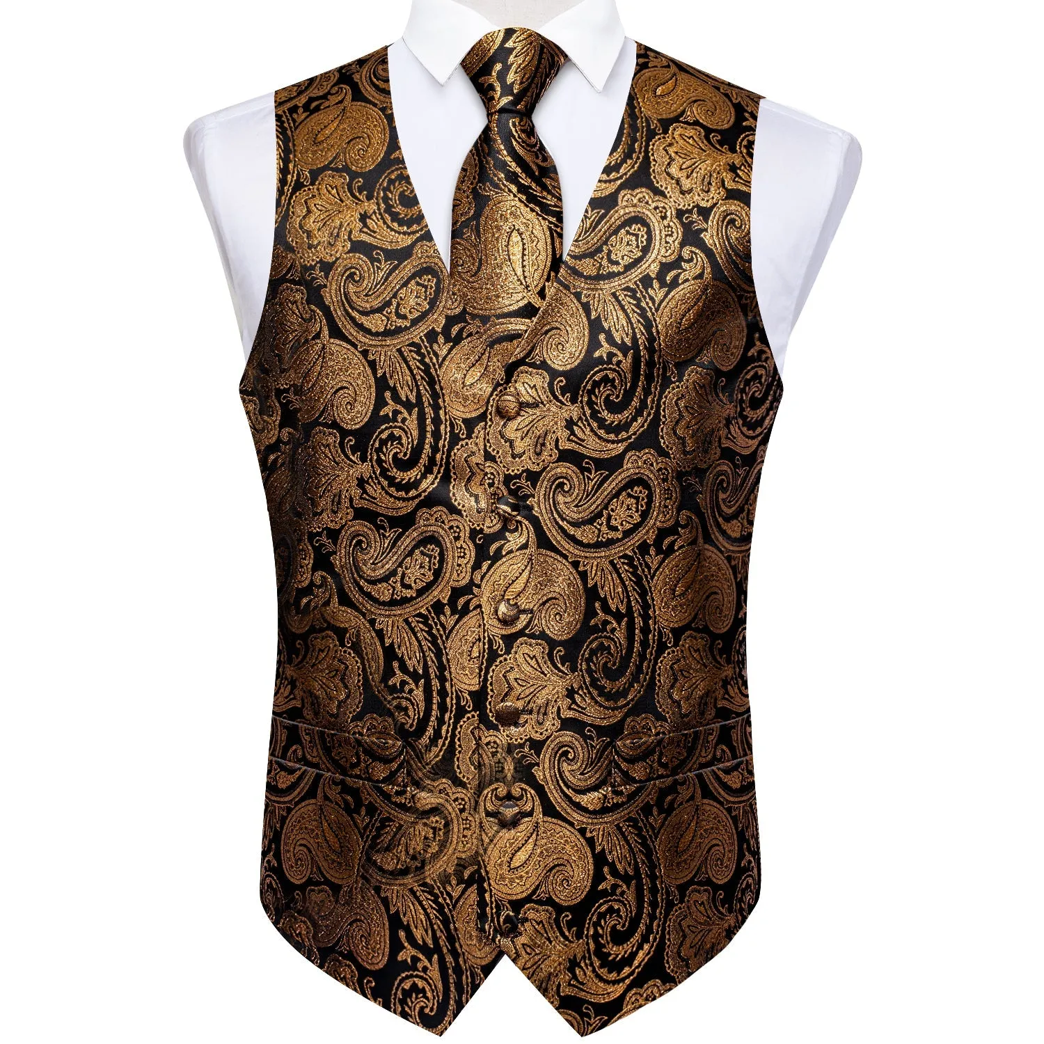 Black Golden Paisley Jacquard Silk Men's Vest Hanky Cufflinks Tie Set sold by Ties2You product image thumbnail 2
