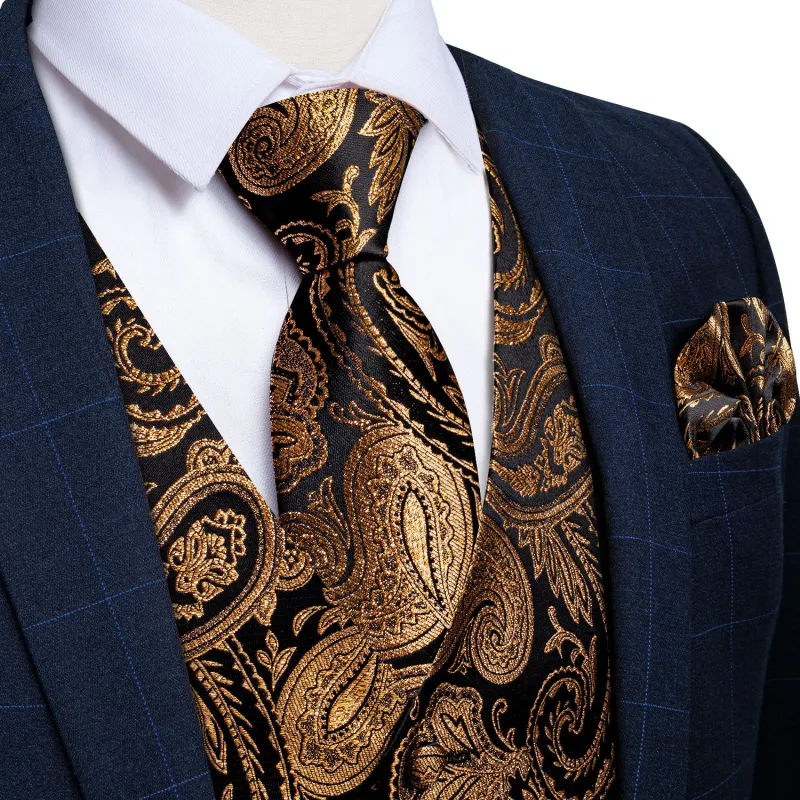 Black Golden Paisley Jacquard Silk Men's Vest Hanky Cufflinks Tie Set sold by Ties2You