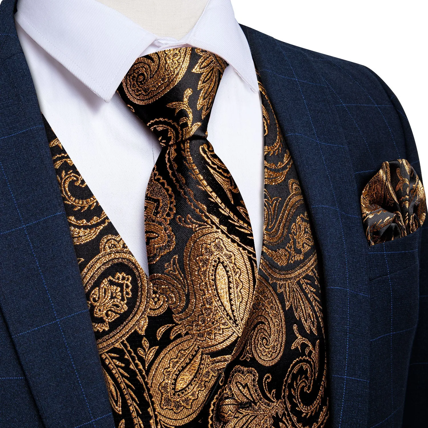Black Golden Paisley Jacquard Silk Men's Vest Hanky Cufflinks Tie Set sold by Ties2You