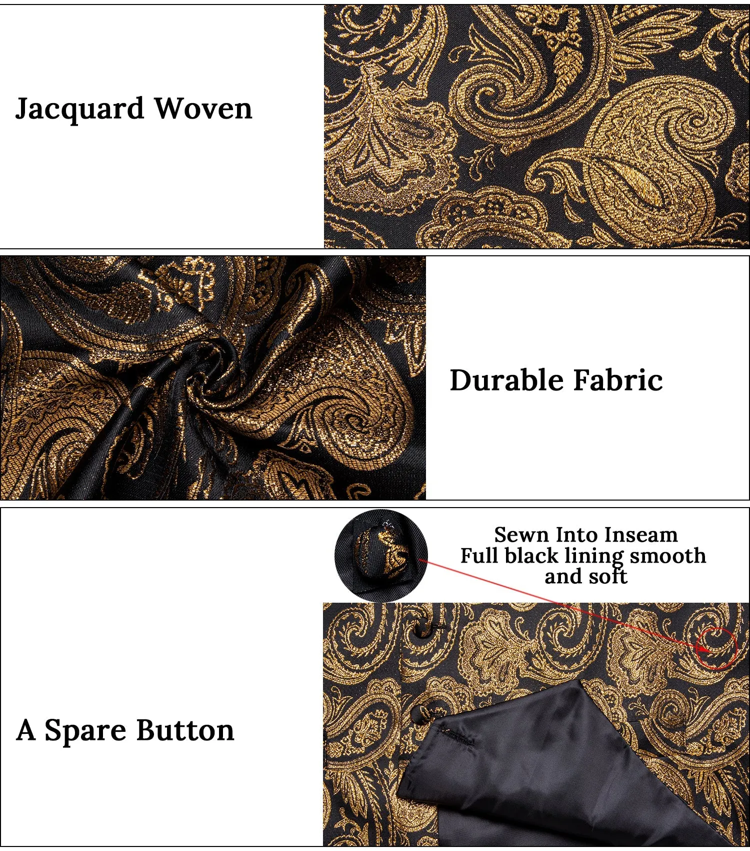 Black Golden Paisley Jacquard Silk Men's Vest Hanky Cufflinks Tie Set sold by Ties2You product image thumbnail 5