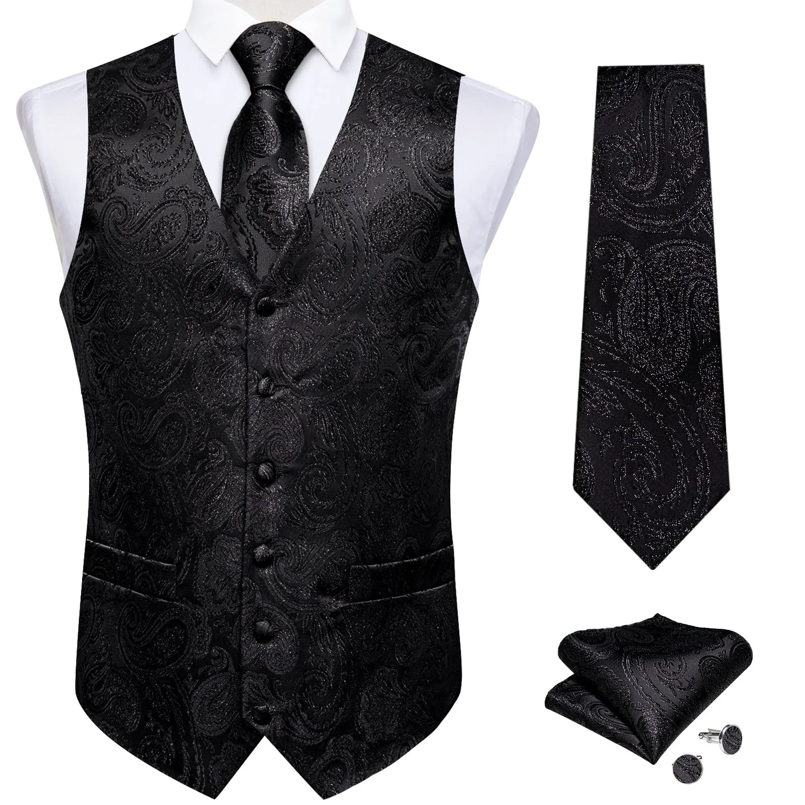 Classic Black Paisley Jacquard Silk Men's Vest Hanky Cufflinks Tie Set sold by Ties2You product image thumbnail 4