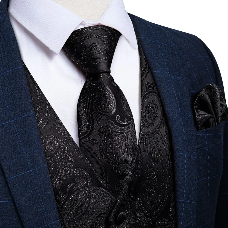 Classic Black Paisley Jacquard Silk Men's Vest Hanky Cufflinks Tie Set made by Ties2You