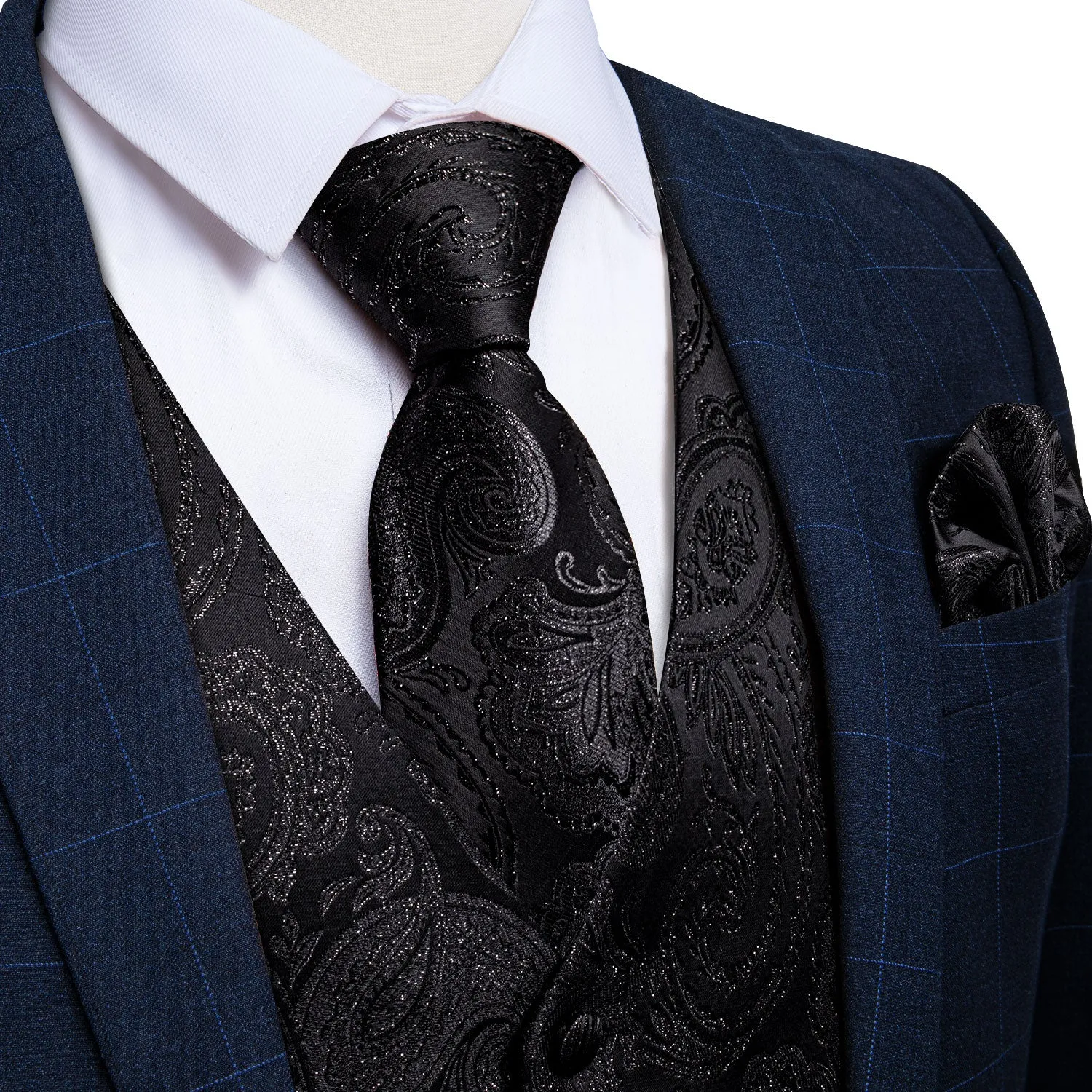 Classic Black Paisley Jacquard Silk Men's Vest Hanky Cufflinks Tie Set sold by Ties2You