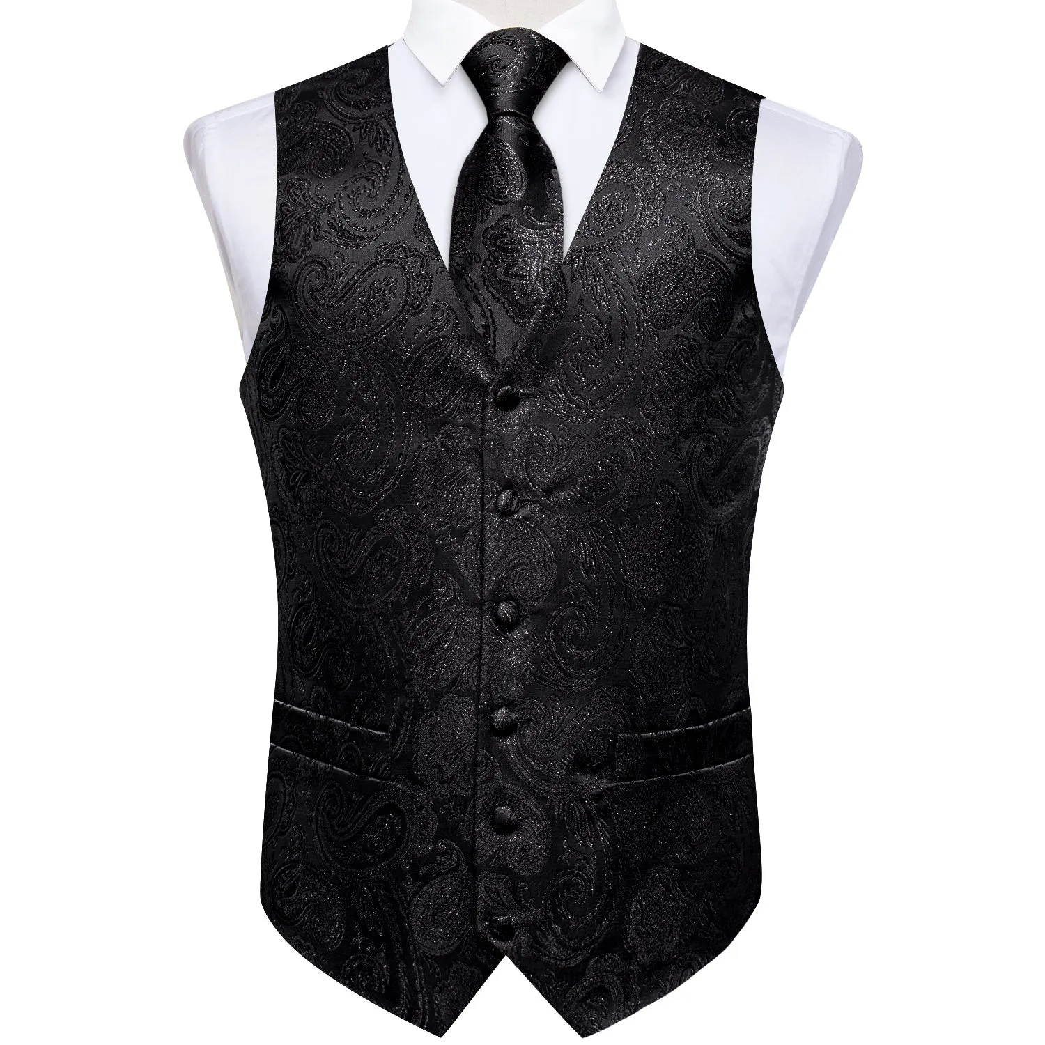 Classic Black Paisley Jacquard Silk Men's Vest Hanky Cufflinks Tie Set sold by Ties2You product image thumbnail 2