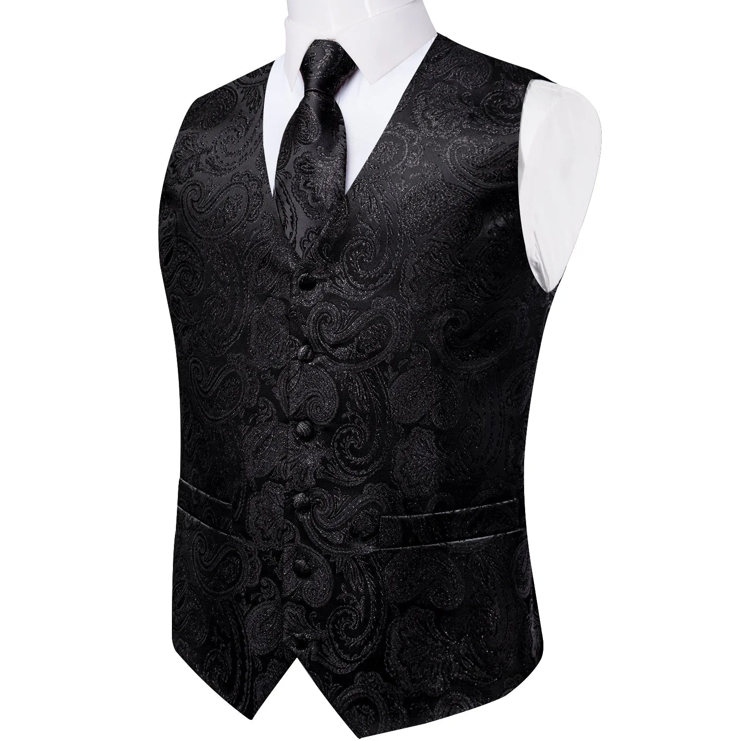 Classic Black Paisley Jacquard Silk Men's Vest Hanky Cufflinks Tie Set sold by Ties2You product image thumbnail 3